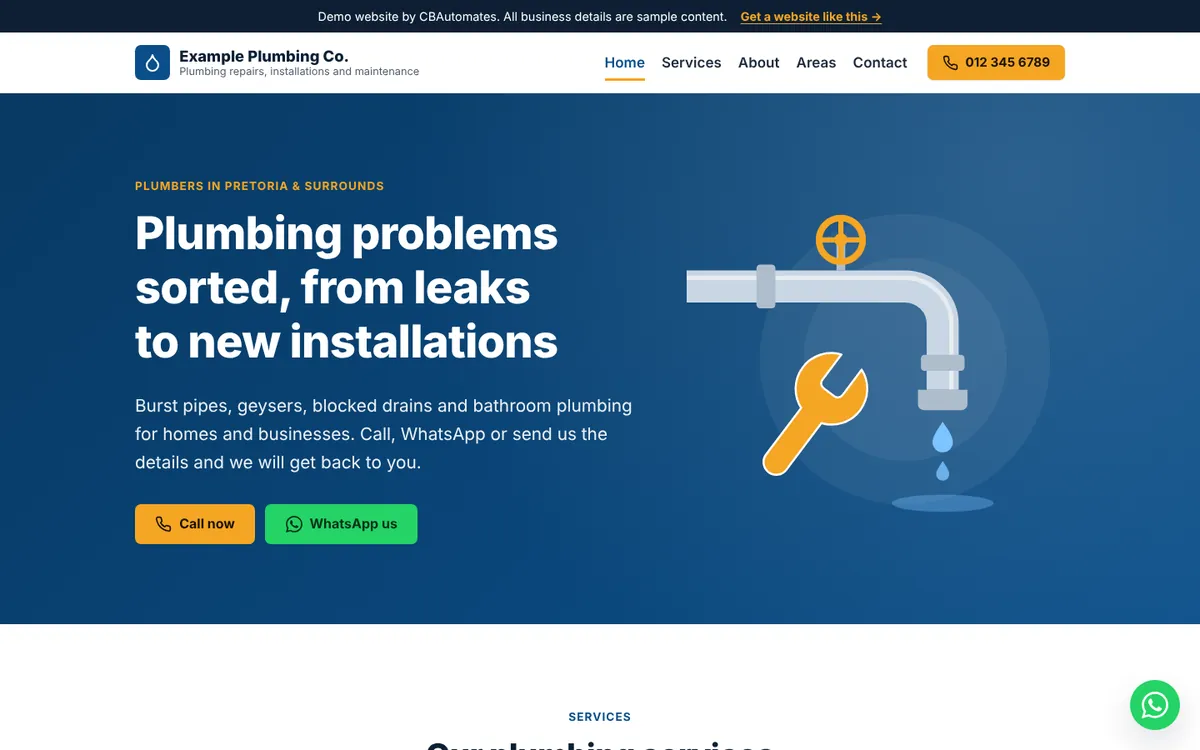 Desktop view of the plumber website demo: hero section with call and WhatsApp buttons